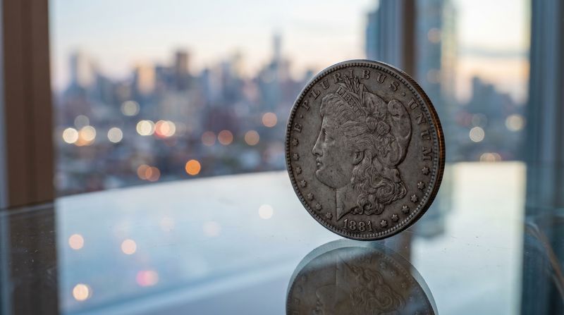 1881 Morgan Silver Dollar against a city skyline